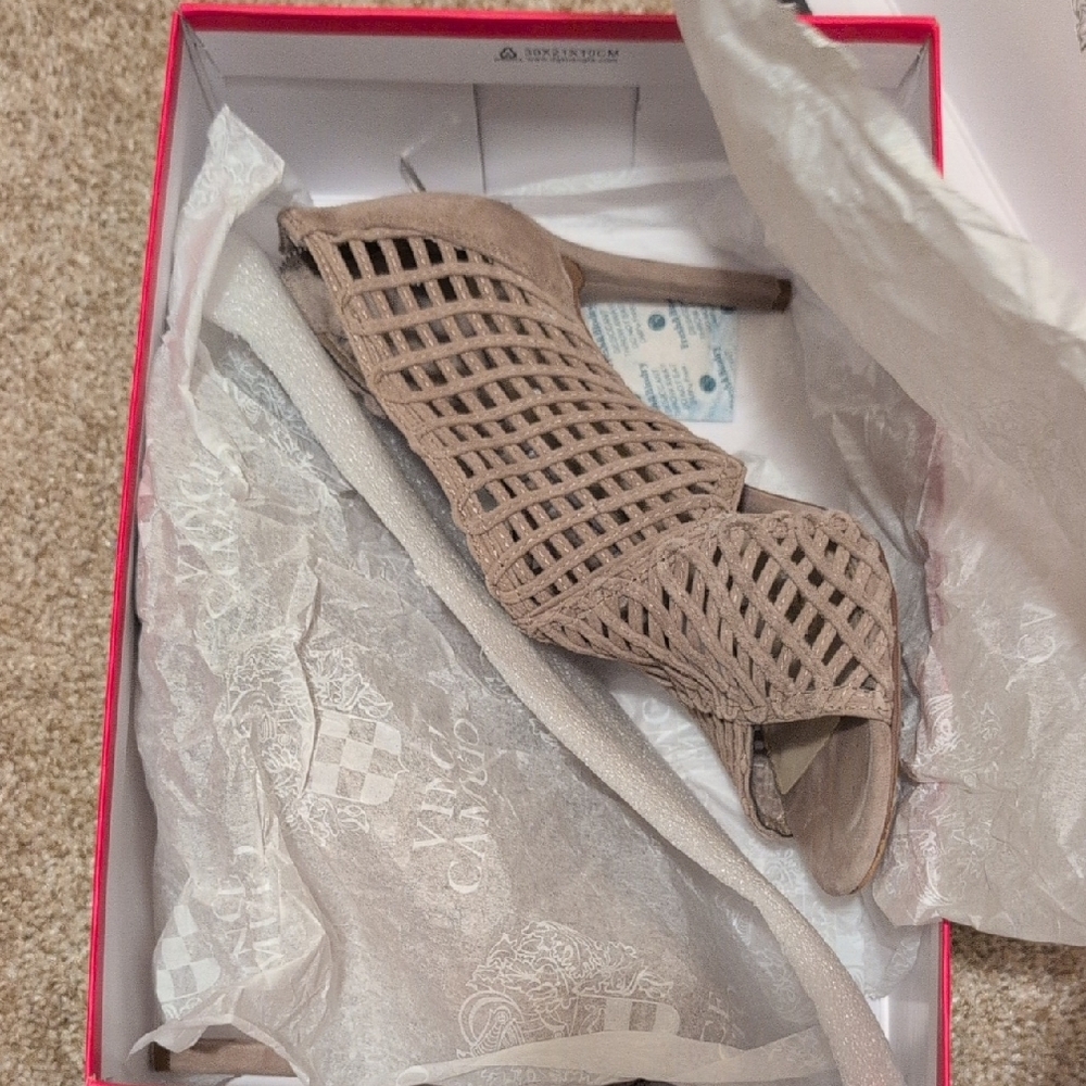 Vince Camuto Taupe Woven Peep-Toe Heels - Picture 7 of 7